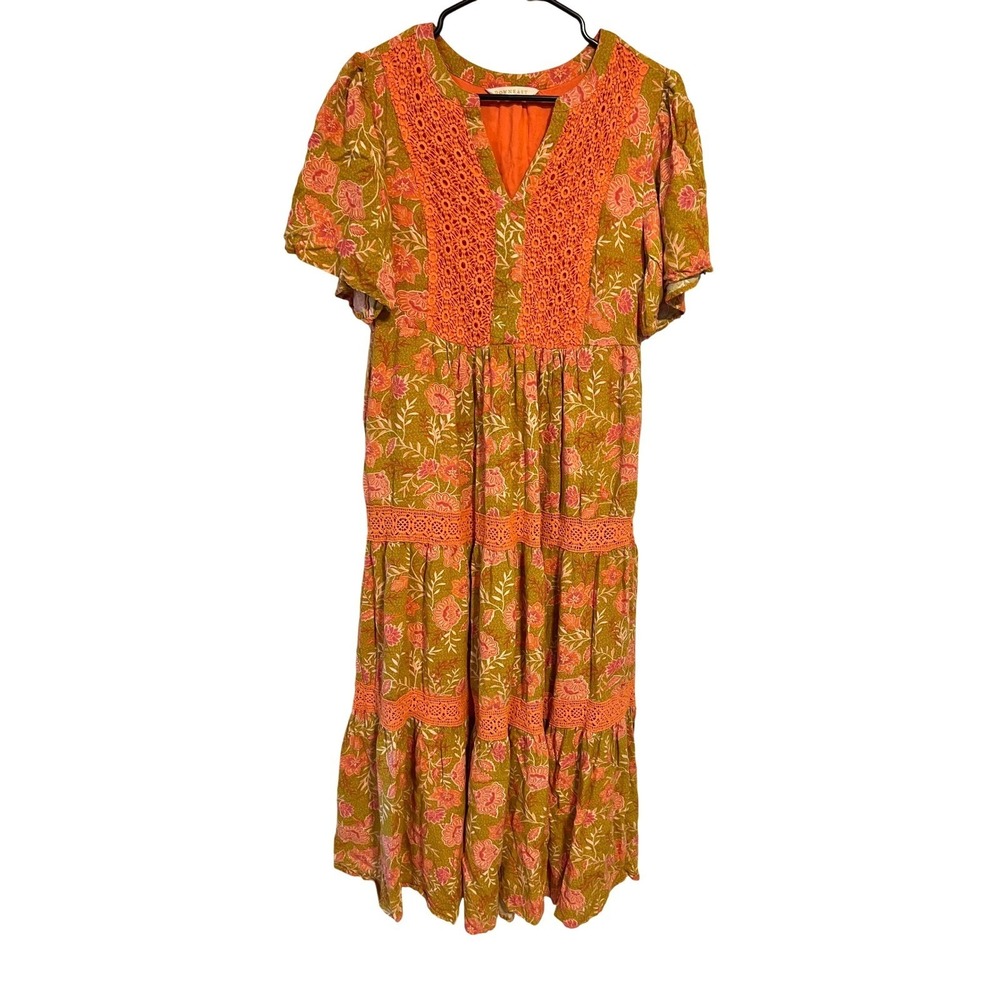 Downeast Floral Crochet Lace Tiered Midi Dress Orange Fall Autumn Boho Pockets L